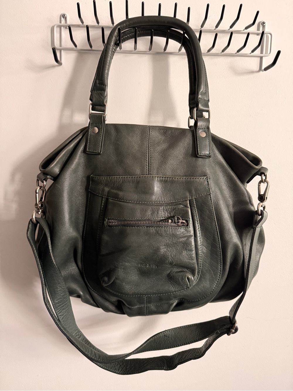 Nat & Nin Dark Green Leather Shoulder Bag with Front Zip Pocket